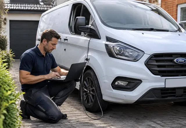 AdBlue Fix mobile technician working with a laptop next to a customer's van.